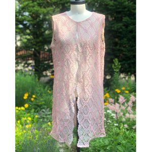 Vintage 50s/60s Pink Lace Sleeveless Open Front Midi Vest Duster Dress Topper